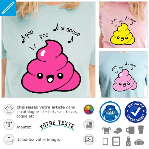 Emoji caca et citation de Marilyn, poo poo pidoo, dessinés en style kawaii. Créer un t-shirt emoji.
